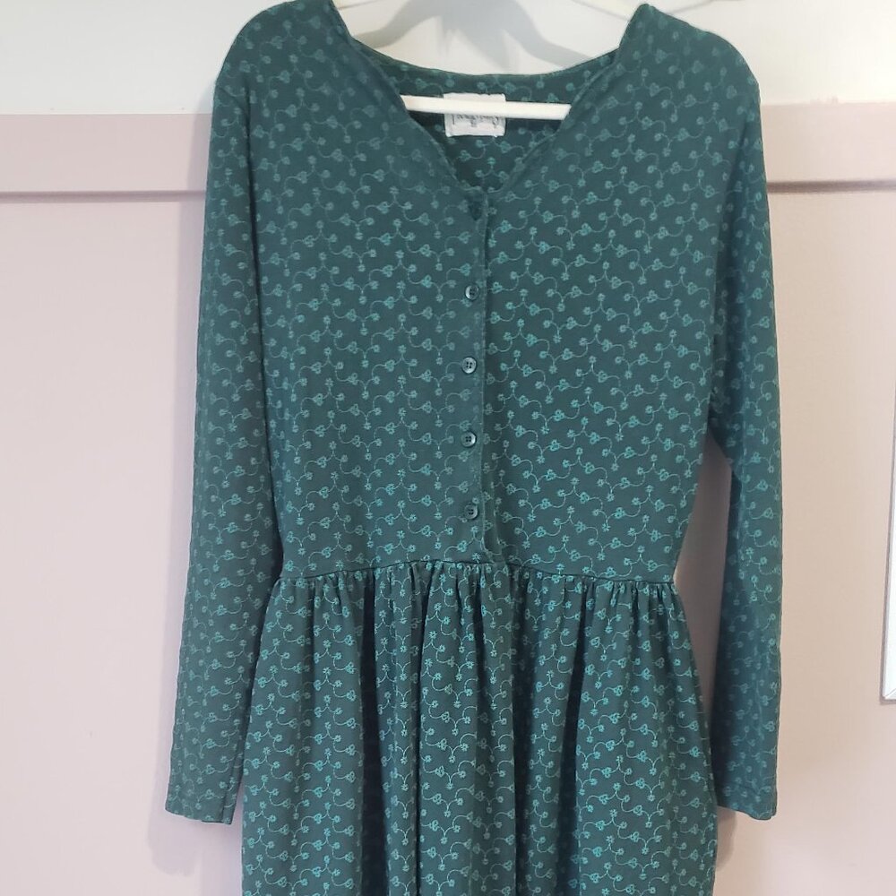 90s Vintage Northern Traditions Forest Green Floral Knit Dress 🌿 Pockets! Desc